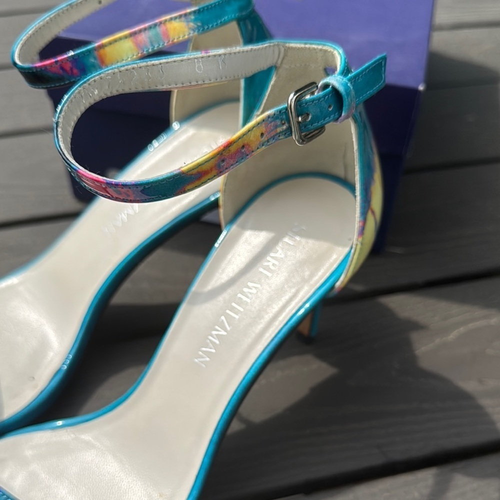 Stuart Weitzman Leather Patent Blue Yellow Pink Heeled Sandal Ankle Strap Size 8 - Picture 8 of 8